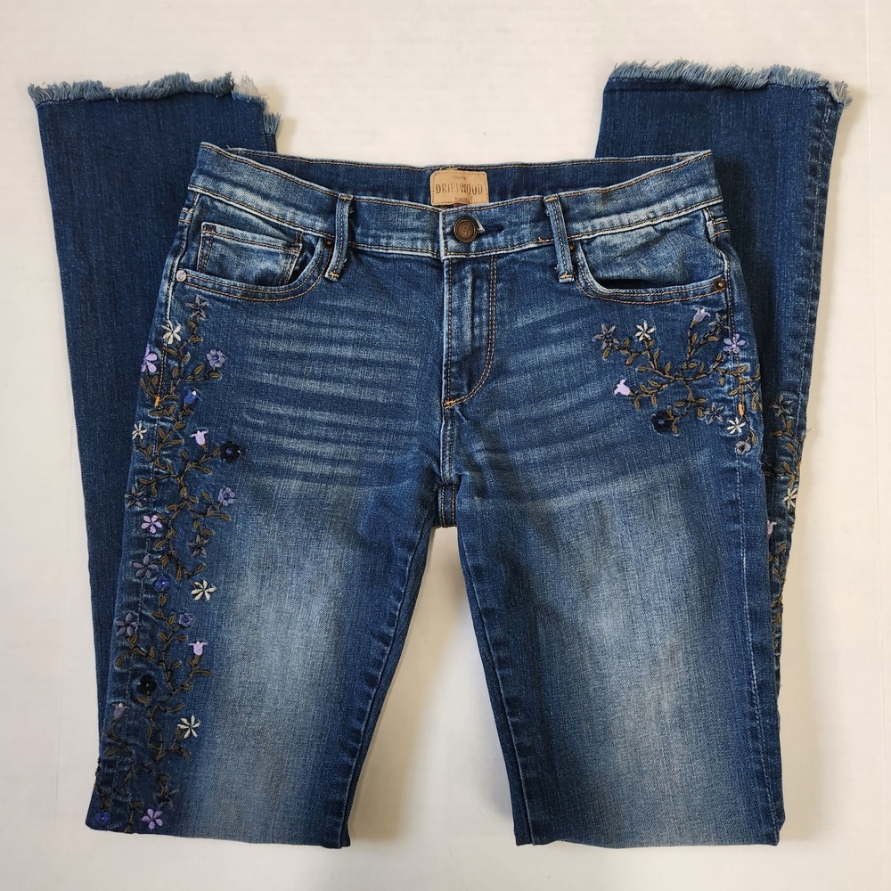Driftwood Eva Embroidered Floral Straight Leg Jeans Medium Wash Step Hem 26 - Picture 11 of 13